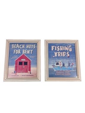 Martin Wiscombe Print Framed Set 2 Boat Coastal Beach Wall Art  Blue Whimsical